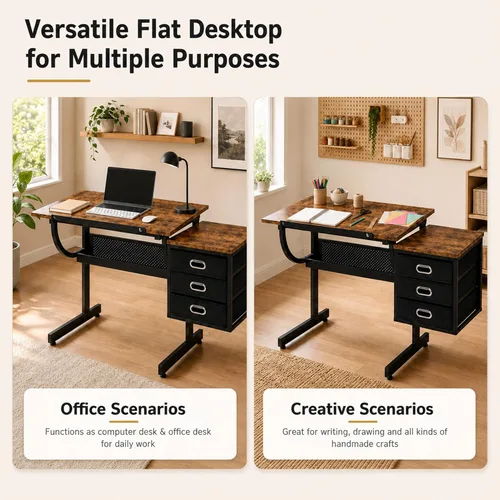 Vista 5 de Mesa de dibujo ajustable con 3 cajones y taburete, color negro sólido