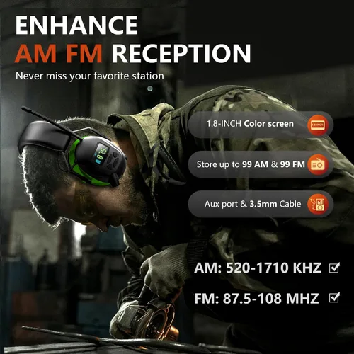 Vista 5 de Bluetooth 6.0 AM/FM Hearing Protection, Radio Headphones with Digital Display, 30 SNR Noise Reduction Safety Earmuffs with Rechargeable 2000 mAh
