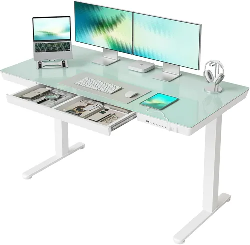 Vista 9 de CubiCubi Escritorio eléctrico de pie con cajones de 48 × 24, escritorio de cristal de altura ajustable de una pieza, escritorio de pie ajustable