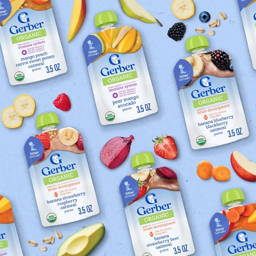 Vista 8 de Bolsas de comida orgánica para bebé Gerber, 2do alimento para bebé, WonderFoods, avena con plátano, arándano y mora, 3.5 onzas (paquete de 12)