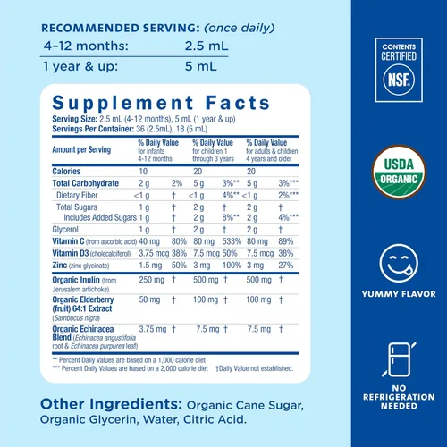 Vista 5 de Mommy's Bliss Gotas de saúco orgánico para bebé, apoyo inmunológico con vitaminas, prebióticos, zinc y equinácea orgánica, para niños mayores de 4