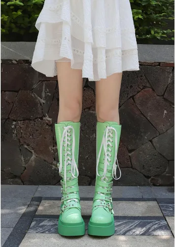 Vista 64 de Parisuit Botas góticas altas hasta la rodilla con hebilla de plataforma para mujer, tacón alto grueso, con cordones, botas de combate punk, con Negro