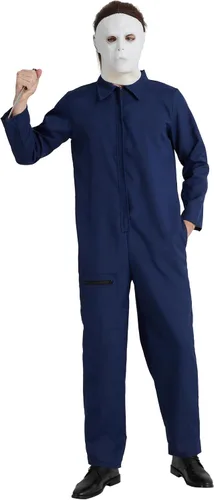 Vista 5 de Maxim Party Supplies Disfraz de terror de lujo para hombre, incluye mono, máscara espeluznante con pelo, cuchillo de juguete para cosplay, Halloween