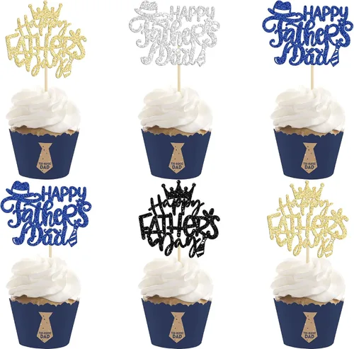 Vista 11 de 24 adornos para cupcakes con temática de sombrero para el Día del Padre, con purpurina azul, mejores selecciones de cupcakes para papá, decoraciones