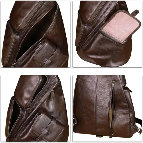Vista 7 de Bolso bandolera grande de cuero genuino para hombres y mujeres, bolso bandolera grande para el hombro, bolso cruzado en el pecho para iPad, Café