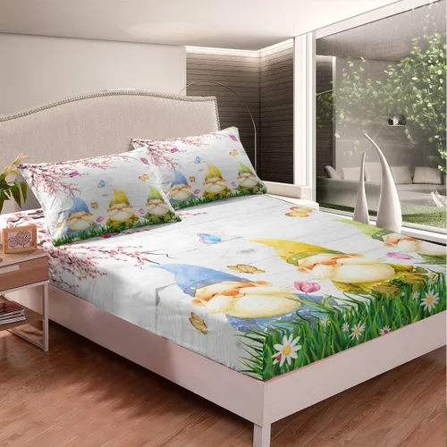 Vista 2 de Manfei Sábana bajera ajustable de flor de durazno, tamaño individual, funda de cama de gnomo de primavera con 1 funda de almohada, juego de ropa