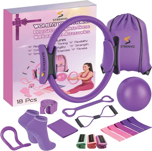 Vista 9 de Juego de anillos de yoga y pilates para entrenamientos en casa, kit de fitness de 18 piezas para mujer, accesorios de resistencia y tonificación