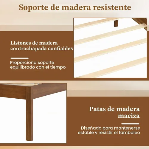 Vista 5 de GIANTEX Marco de cama de madera individual con cabecero, plataforma moderna de mediados de siglo con soporte de listones de madera, base de colchón