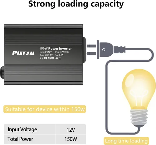 Vista 5 de Inversor de corriente de 150 W 12 V CC a 110 V AC adaptador de enchufe de coche convertidor de salida con cargador de coche de CA dual USB 3.1A