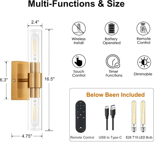 Vista 6 de SANTOSTOCK Juego de 2 apliques de pared dorados operados por batería con control remoto, 12000mAh luces de pared recargables, lámparas de pared