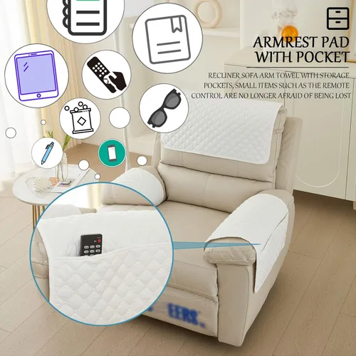 Vista 3 de Funda para Reposabrazos de Sofá, Funda para Reposacabezas de Silla Reclinable, Funda de Sillón con Bolsillos, Protector de Muebles Acolchado Beige