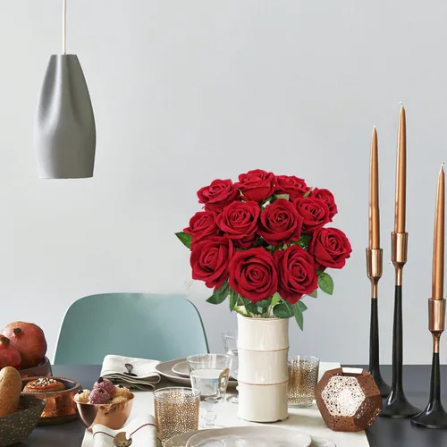 Vista 5 de 12 rosas artificiales de terciopelo con tallos largos, rosas falsas de tacto real para San Valentín, ramo de boda, fiesta, mesa, centro de mesa