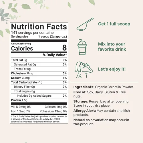 Vista 2 de Micro ingredientes USDA, Chlorella en polvo, orgánico, 1.1 libra, El mejor alimento, rico en vitaminas y proteínas, 8 onzas, 1