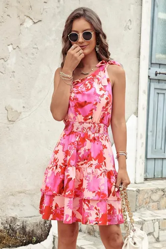 Vista 3 de PRETTYGARDEN - Vestido de verano para mujer, con lazo y un hombro, bohemio, floral, cintura elástica, volantes, línea A, con volantes, mini vestidos