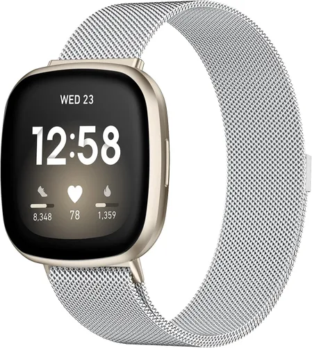 Vista 15 de Compatible con Correas Fitbit Sense Versa 4 Sense 2 y Versa 3 para Hombres Mujeres, Correa de Reemplazo de Malla Metálica Transpirable de Acero Negro