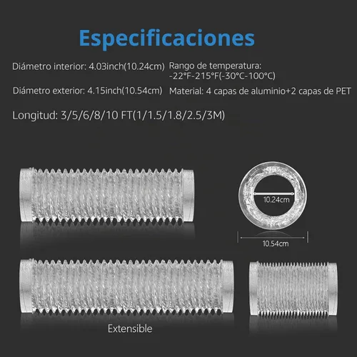 Vista 6 de HOOMESUN - Manguera de ventilación para secadora de 4 pulgadas, 3 pies, conducto flexible resistente para escape, conducto de aluminio de 6 capas