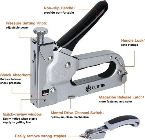 Vista 2 de Pistola grapadora para tapicería resistente, DEWBIN 4 en 1 con 2000 grapas, grapadora manual con ajuste de potencia para muebles, madera, Grapadora