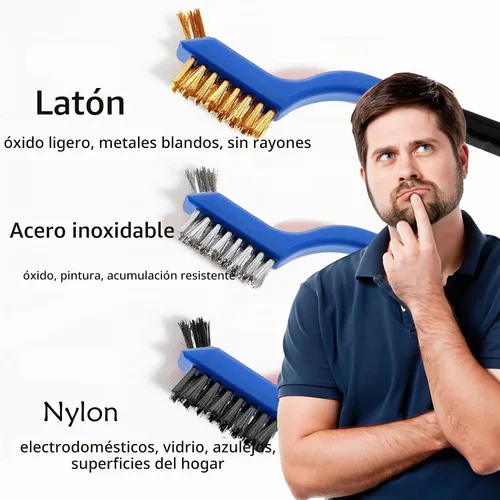 Vista 3 de Juego de 3 cepillos de alambre, cerdas de nailon/latón/acero inoxidable con mango curvado para limpieza con mango curvado para eliminación de óxido