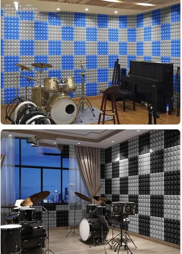 Vista 6 de Paneles de pared insonorizados, paquete de 12 paneles de espuma acústica de alta densidad de 1 x 12 x 12 pulgadas, borde biselado, paneles de cuña