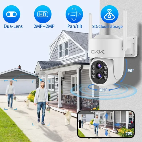 Vista 2 de CKK Cámara de doble lente de 2 MP, WiFi inalámbrica de 2.4/5 GHz, cámaras de seguridad para exteriores Plug & Play para zoom de 10X Pane Tilt 360°