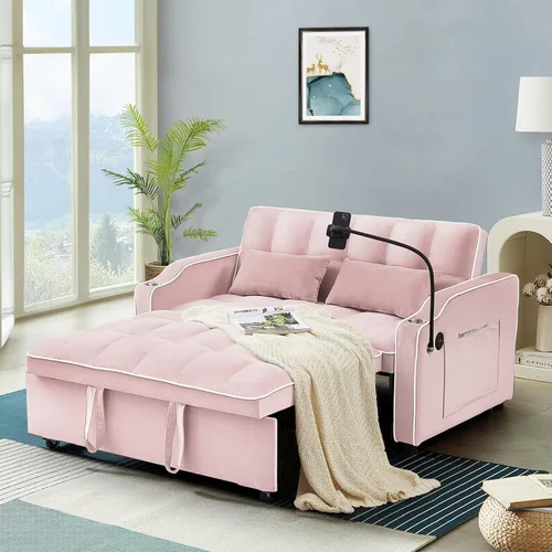 Vista 13 de Antetek Sofá cama con puerto USB y tipo C, moderno sofá biplaza convertible 3 en 1 de terciopelo extraíble con soporte para teléfono/portavasos
