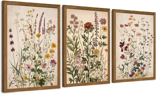 Vista 17 de WRFON Lienzo botánico y de flores, arte enmarcado de pared de paisaje de montaña, juego de 3, impresión en lienzo de prado de flores silvestres
