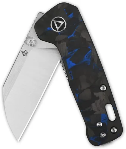 Vista 2 de QSP Penguin - Cuchillo de bolsillo mini plegable, hoja de 2.25" Sandvik 14C28N de dos tonos satinado EDC, mango G10 con superposición CF azul