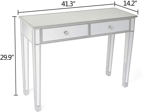 Vista 4 de Henf Mesa de maquillaje con espejo, mesa de tocador con acabado plateado, mesa de consola de 2 cajones para entrada, dormitorio, sala de estar