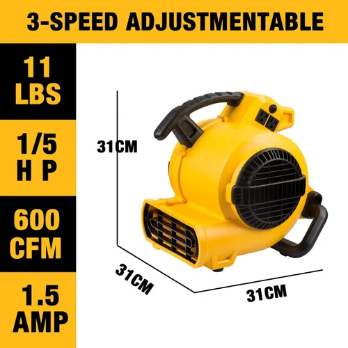 Vista 2 de DEWALT Movedor de Aire Portátil, 276W Ventilador de Piso de 3 Velocidades, Ventilador Soplador Utilitario, 1/5 HP 600 CFM Secador de Piso, Secador