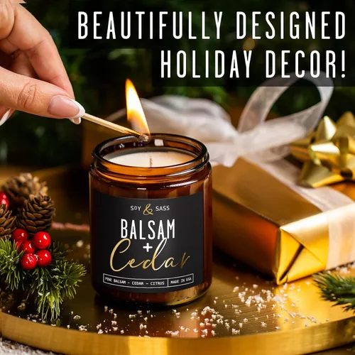 Vista 3 de Vela de bálsamo, velas de Navidad perfumadas – Vela de soja 'bálsamo + cedro', con abeto bálsamo, cedro y cítricos - Infundida con aceites
