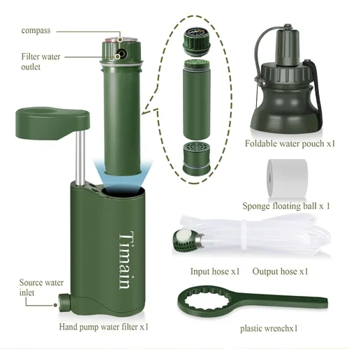 Vista 2 de Timain Bomba de filtro de agua portátil para exteriores, sistemas de filtración de agua, perfecta para viajes, camping, senderismo, pesca, caza