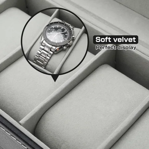 Vista 4 de NovelBee Cajas de reloj con 6 ranuras, vitrina rectangular para relojes con tapa de vidrio y almohadas extraíbles para hombres y mujeres