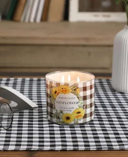 Vista 5 de Vela de girasol, velas perfumadas de girasol de verano, regalo para mujeres, vela grande de 3 mechas, 14 onzas