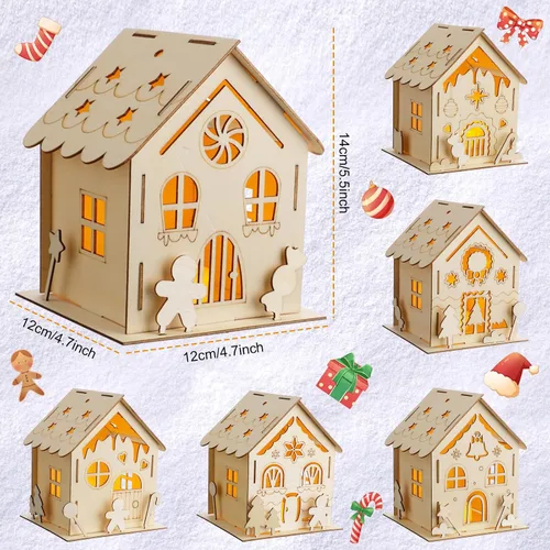 Vista 2 de Spiareal 12 juegos de kit de bricolaje para casa de pan de jengibre de Navidad de madera con velas sin llama LED, lápices acuarela, manualidades