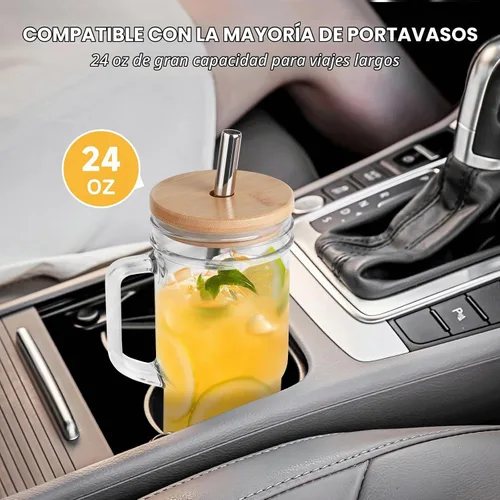 Vista 3 de MCleanPin Vasos de vidrio con tapas y pajitas de bambú, vaso de vidrio de 24 onzas con asas, paquete de 2 tarros Mason con tapas y boca ancha