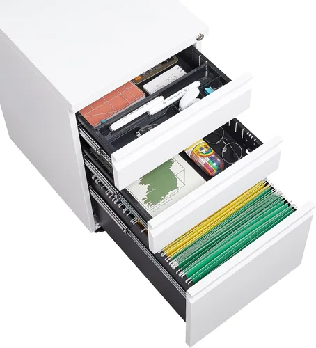 Vista 5 de Archivador móvil de 3 cajones con cerradura, archivador de almacenamiento de oficina para tamaño legal/carta, archivador de metal premontado debajo