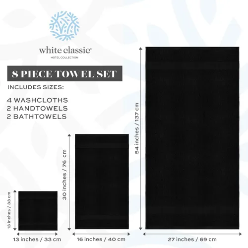 Vista 6 de White Classic Juego de toallas negras de 8 piezas [2 toallas de baño, 2 toallas de mano, 4 toallas faciales] y 2 tapetes de baño de lujo de 22 x 34