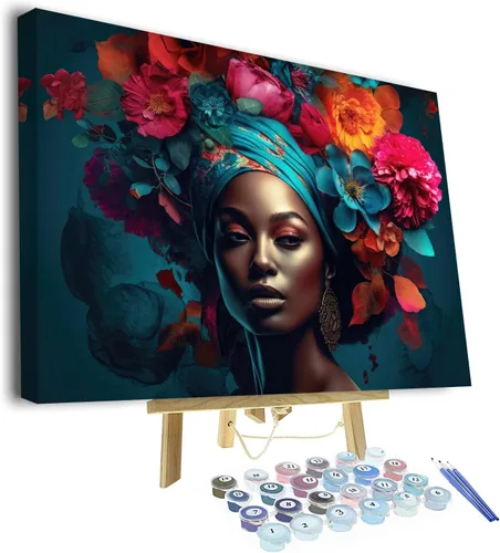 Vista 7 de Kit de pintura por números para adultos, niños, mujeres negras en pintura floral por números, diadema con flores, kits de pintura al óleo
