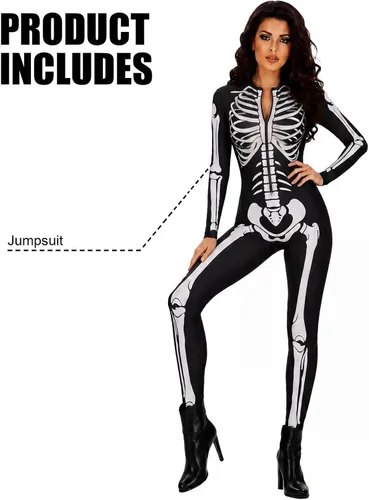 Vista 3 de Disfraz de esqueleto para mujer, overol de calavera con cremallera de Halloween