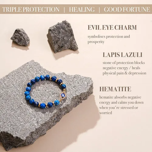 Vista 3 de VIBE MOOD ENERGY - Pulsera de protección Pulsera de cuentas de lapislázuli con dije contra el mal de ojo Pulsera de triple protección para aliviar