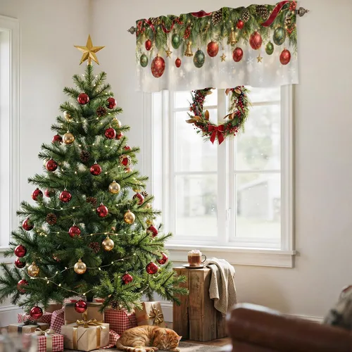 Vista 8 de Christmas Valances for Windows Kitchen Curtains Christmas Balls Bell Window Valance, Gold Star Snowflake Pine Needle Short Topper Window Curtain