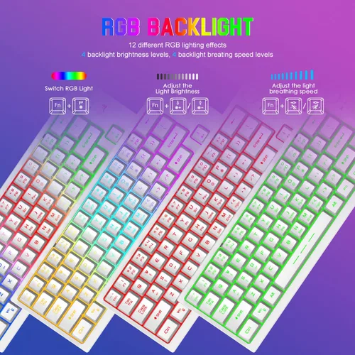 Vista 5 de FELICON Combo de teclado y mouse inalámbricos de 2.4G, teclado mecánico TKL retroiluminado RGB y mouse iluminado de 7 colores, alfombrilla de mouse