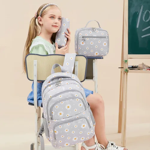 Vista 6 de Mochilas estampadas de margaritas para niñas con bolsa de almuerzo, estuche de lápices de 3 piezas, bolsas ligeras para libros elementales