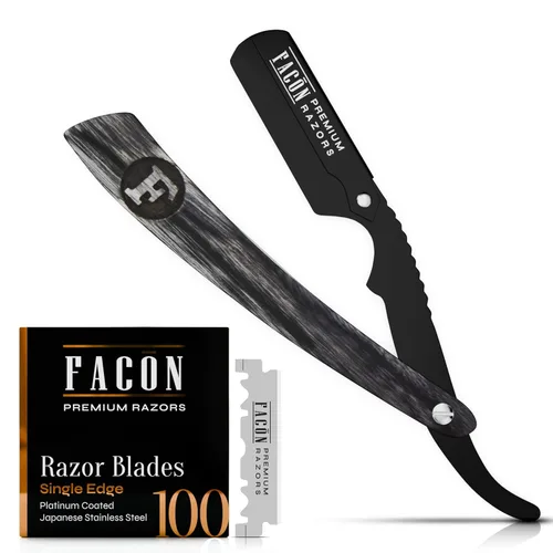 Vista 10 de Facón Navajas rectas para hombres - Kit de navaja de barbero profesional de borde recto con 100 cuchillas, afeitadora clásica de acero inoxidable