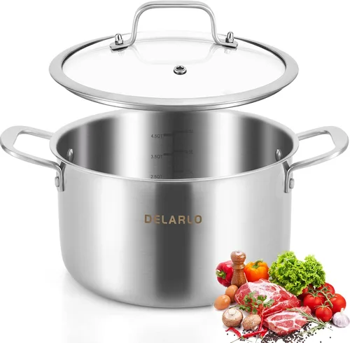 Vista 11 de DELARLO Olla de acero inoxidable de tres capas con tapa de 3.5 cuartos de galón, olla de cocina de grado alimenticio, olla de sopa duradera con tapa