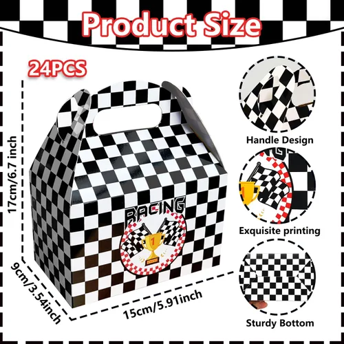 Vista 3 de 24 cajas de regalo de fiesta de coches de carreras, suministros de fiesta de cumpleaños, cajas de regalo de bandera a cuadros en blanco y negro