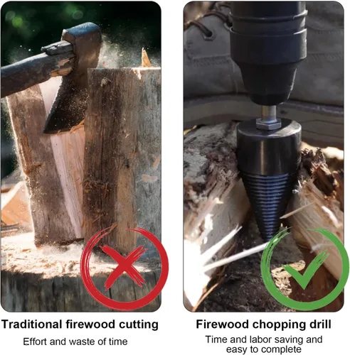 Vista 5 de Broca divisora de madera 42mm + 32mm con guantes antideslizantes y 4 mangos de perforación, broca divisora de troncos divisora de leña para broca
