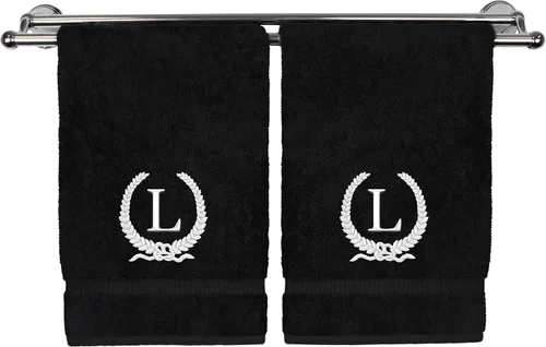 Vista 115 de Toalla de mano con monograma, regalo personalizado, 16 x 30 pulgadas, letra blanca bordada con diseño de corona en toalla negra, extra absorbente