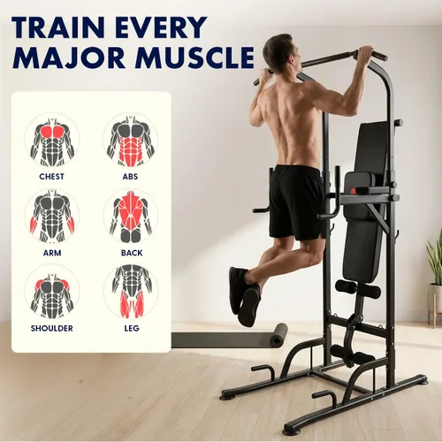 Vista 8 de SQUATZ Estación de entrenamiento con banco – Equipo de gimnasio multifuncional con barra de tracción, tabla de sentarse, respaldo, codera, y marco