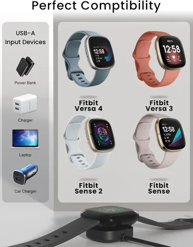 Vista 2 de Compatible con Fitbit Sense y Versa 3 Charger Cable de carga de repuesto para Sense 2, Versa 4 Smartwatch de 3.3 pies, cable inalámbrico magnético